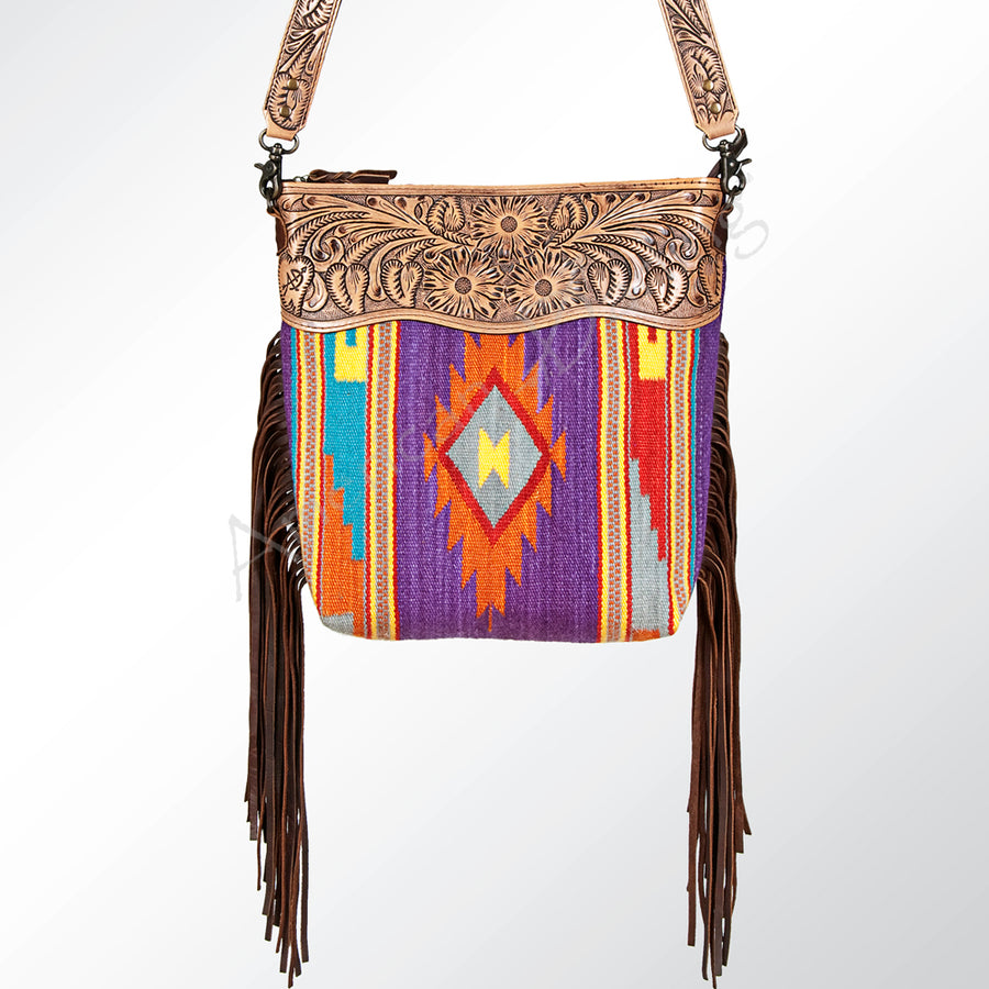 American Darling Signature Cross Body Bag Hand Tooled Floral Carved Leather Woven Saddle Blanket Fringes Genuine Leather