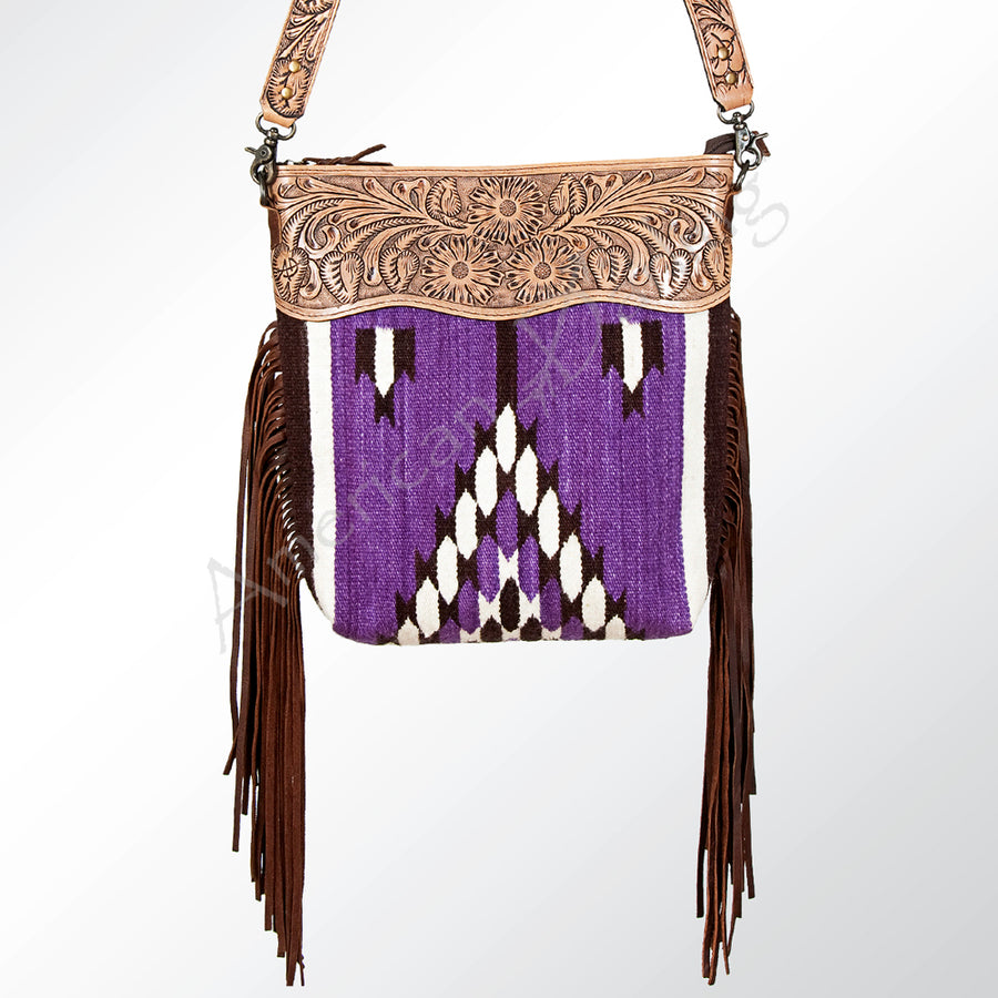 American Darling Signature Cross Body Bag Hand Tooled Floral Carved Leather Woven Saddle Blanket Fringes Genuine Leather
