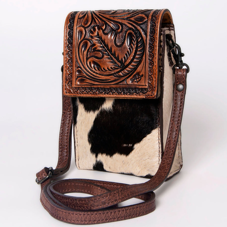 Tooled leather and cowhide crossbody bag with shoulder strap - Uhorse