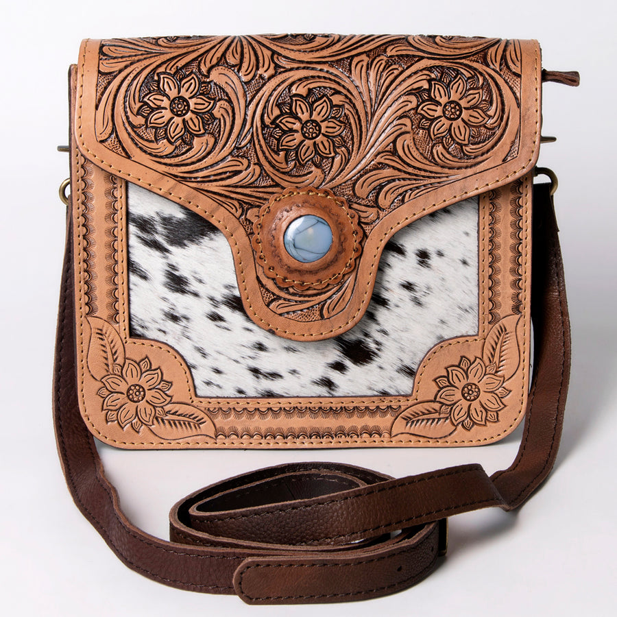 American Darling Cross body Bag, Hand Tooled Floral Leather & Hair-On Cowhide with Stone Accent, 8in (H) X 8in (W)