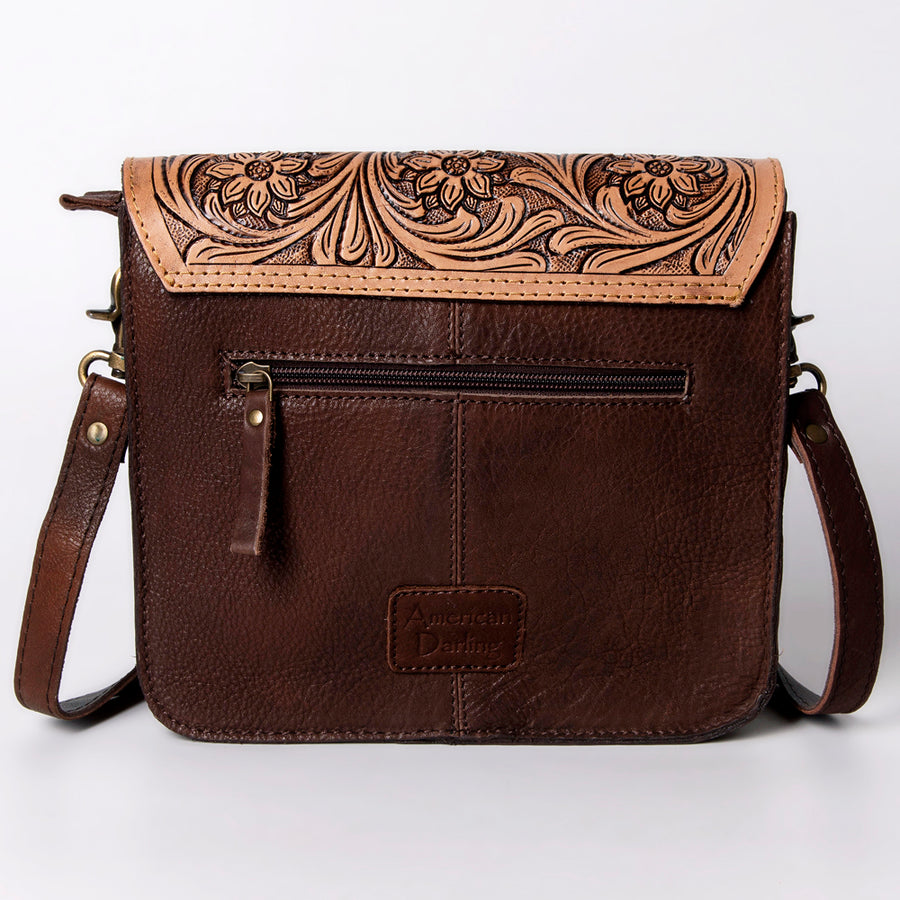 American Darling Cross body Bag, Hand Tooled Floral Leather & Hair-On Cowhide with Stone Accent, 8in (H) X 8in (W)