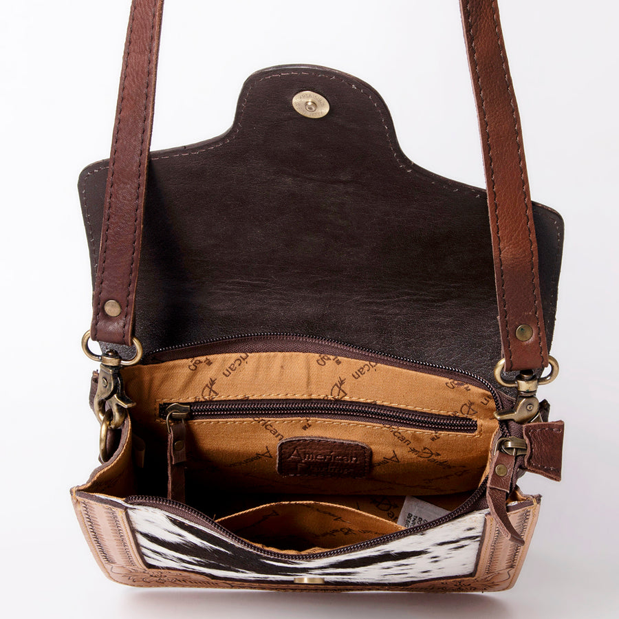 American Darling Cross body Bag, Hand Tooled Floral Leather & Hair-On Cowhide with Stone Accent, 8in (H) X 8in (W)