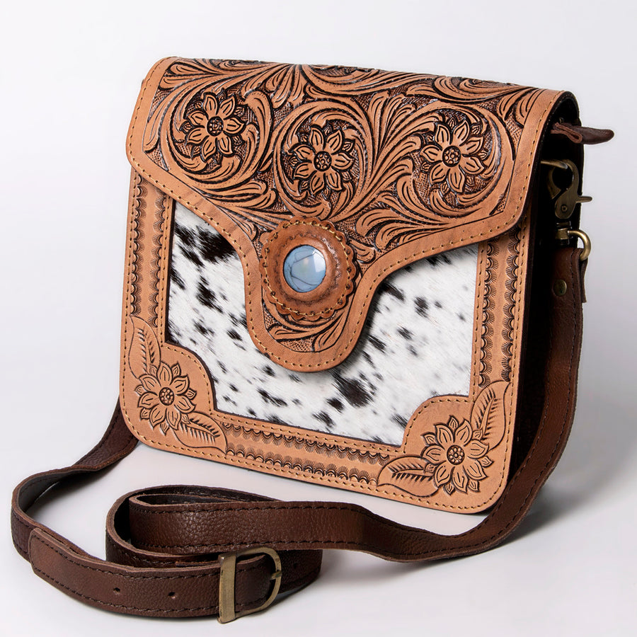 American Darling Hand Tooled Floral and Hair-On Cowhide Cross body Bag with Stone Accent - Uhorse
