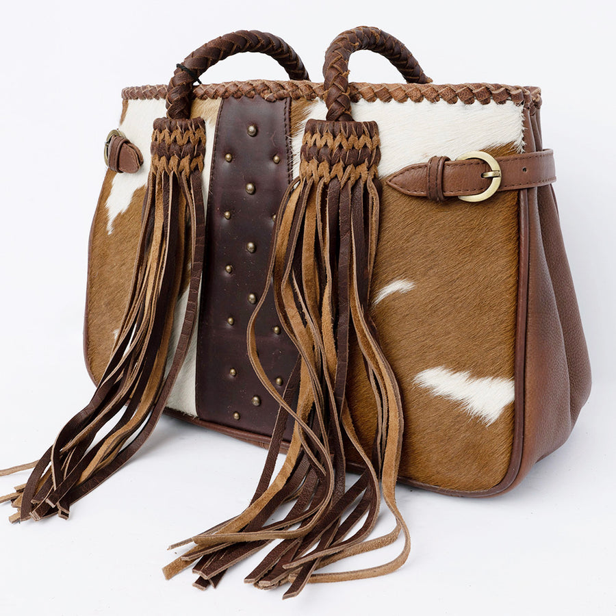 American Darling Hair-On Cowhide Tote Bag with Riveted Leather and Fringes - Uhorse
