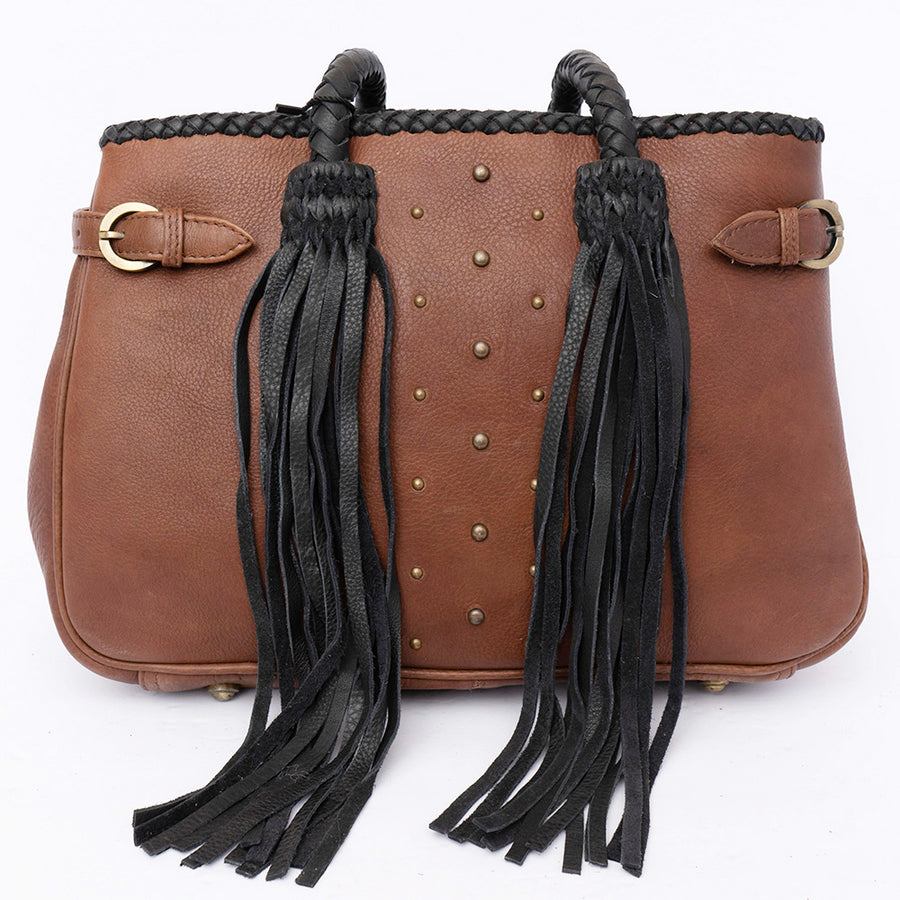 American Darling Tote Bag, Riveted Genuine Leather with Braided Handles and Long Fringes, Western Style, Handcrafted