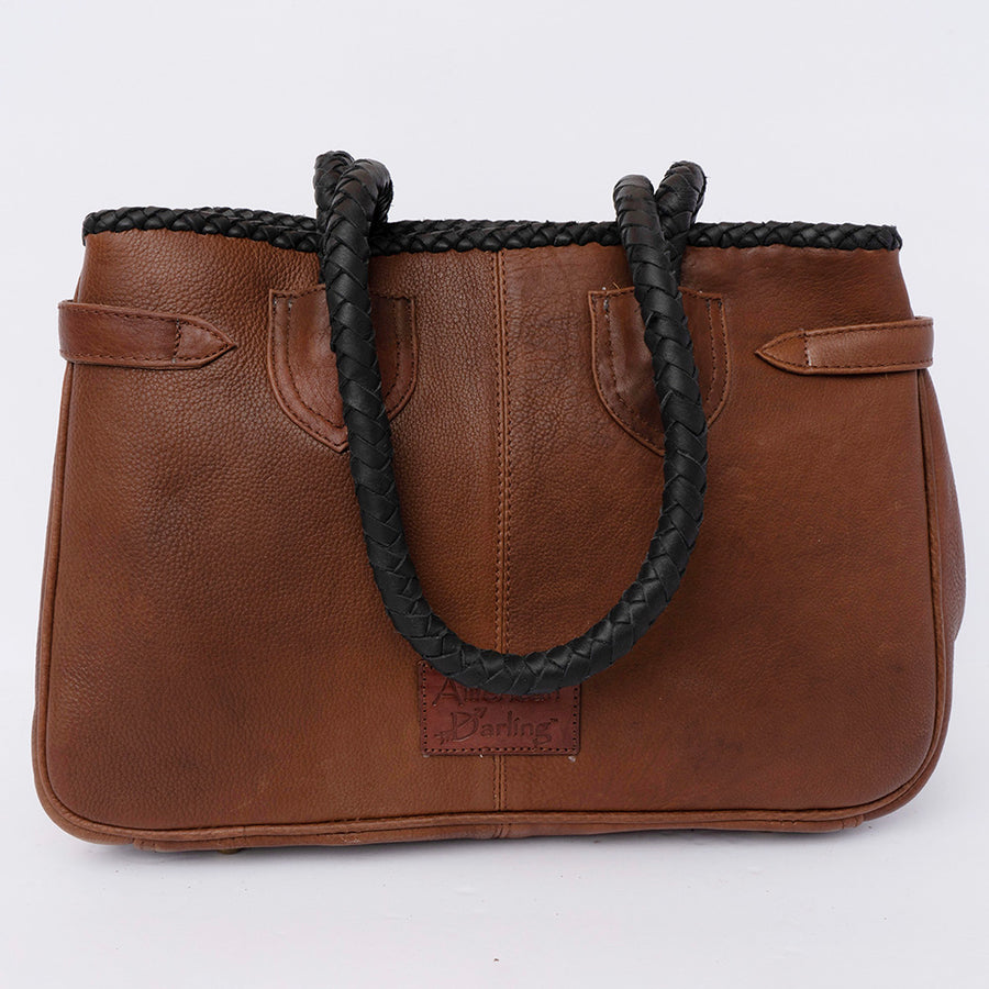 American Darling Tote Bag, Riveted Genuine Leather with Braided Handles and Long Fringes, Western Style, Handcrafted
