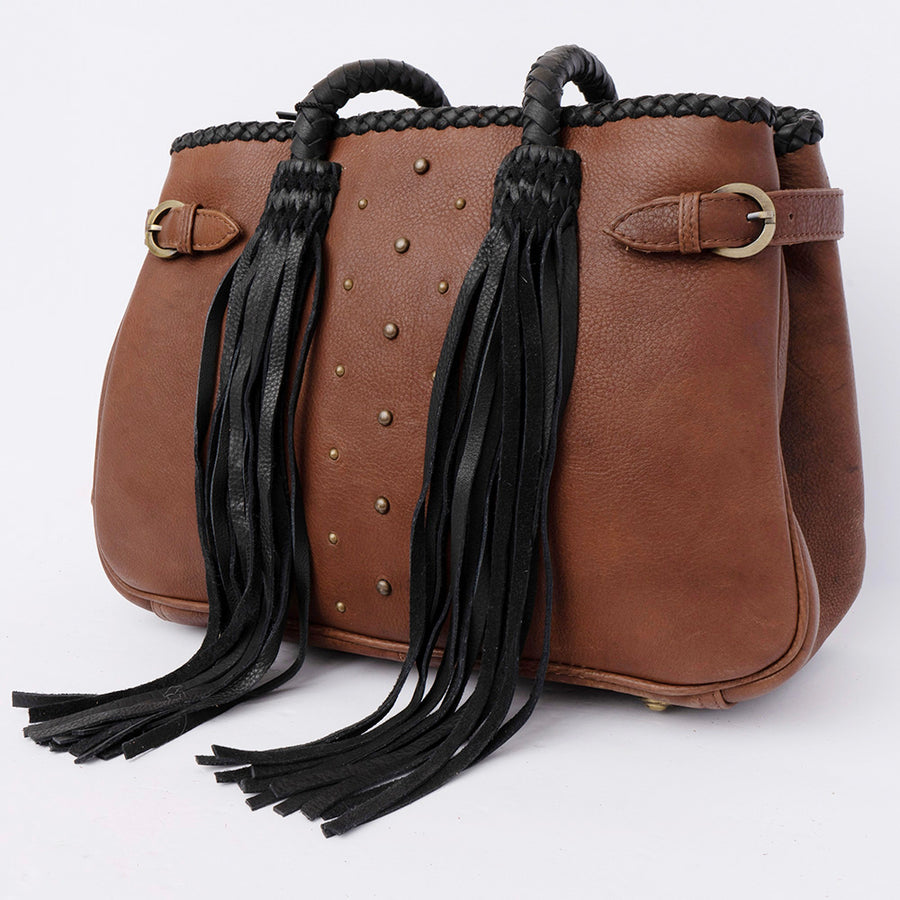 American Darling Handcrafted Riveted Leather Tote Bag with Braided Handles - Uhorse