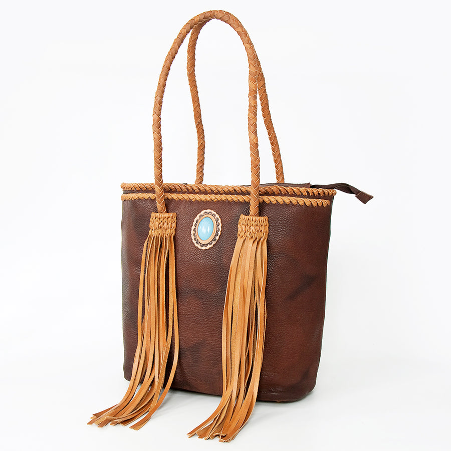 American Darling Handcrafted Leather Tote Bag with Turquoise Stone and Fringes - Uhorse