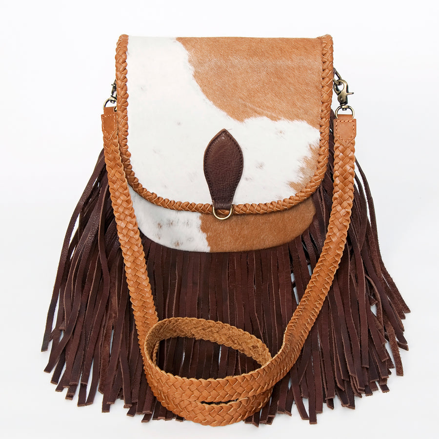 American Darling Cross body Bag, Genuine Hair-On Cowhide & Leather with Fringes and Braided Detail, 9in (H) X 9in (W) X 2in (D)