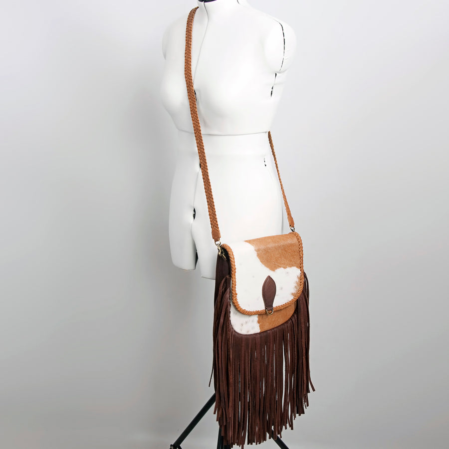 American Darling Cross body Bag, Genuine Hair-On Cowhide & Leather with Fringes and Braided Detail, 9in (H) X 9in (W) X 2in (D)