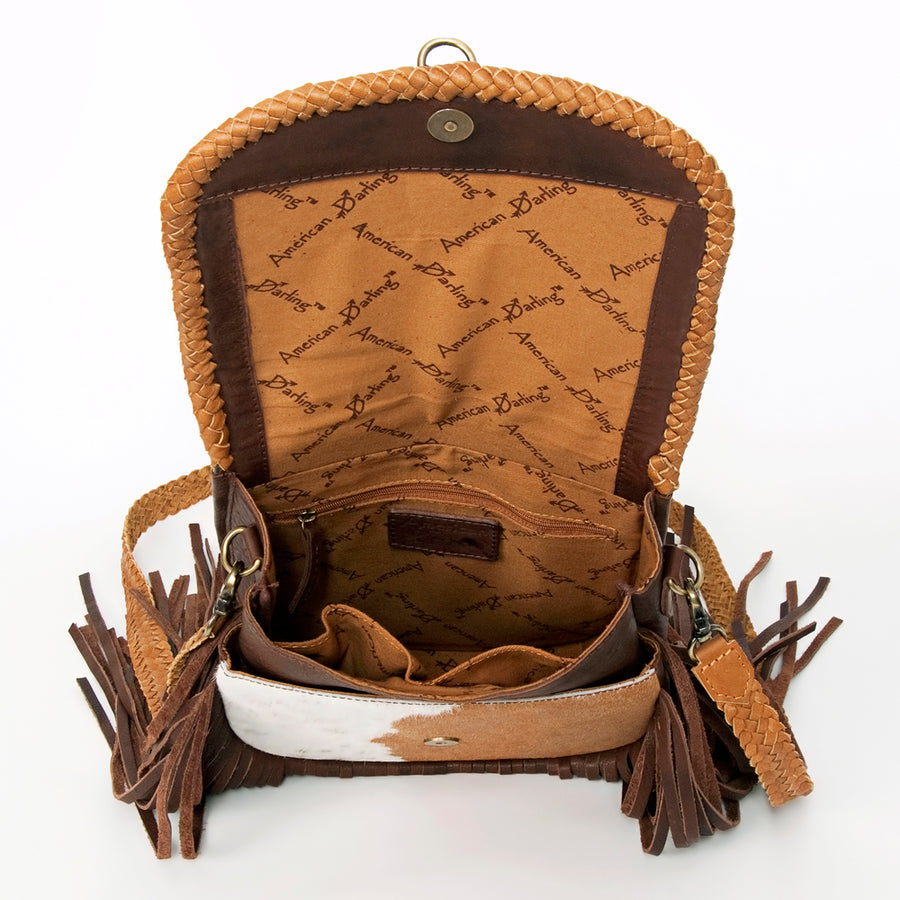 American Darling Cross body Bag, Genuine Hair-On Cowhide & Leather with Fringes and Braided Detail, 9in (H) X 9in (W) X 2in (D)