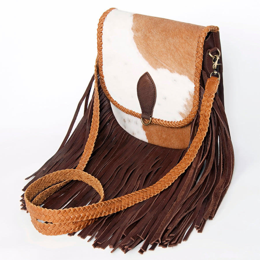 American Darling Hair-On Cowhide Cross body Bag with Hand-Braided Detail and Fringes - Uhorse