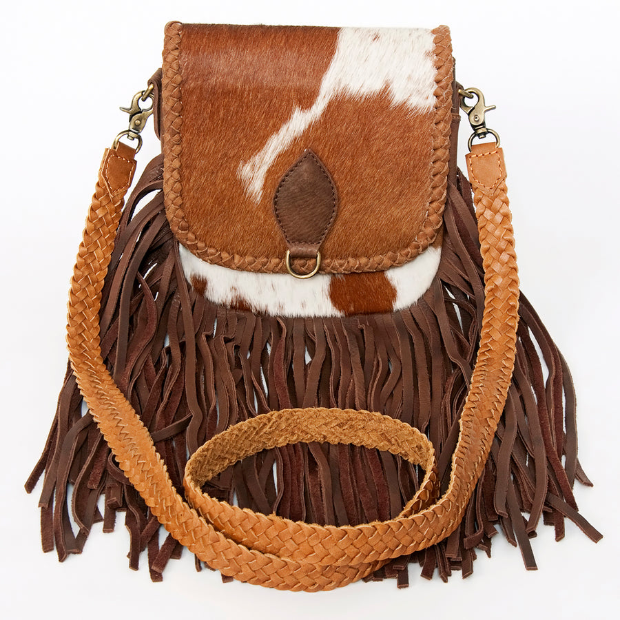 American Darling Cross body Bag, Genuine Hair-On Cowhide & Leather with Fringes and Braided Detail, 9in (H) X 9in (W) X 2in (D)