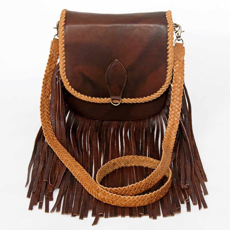American Darling Cross body Bag, Genuine Hair-On Cowhide & Leather with Fringes and Braided Detail, 9in (H) X 9in (W) X 2in (D)