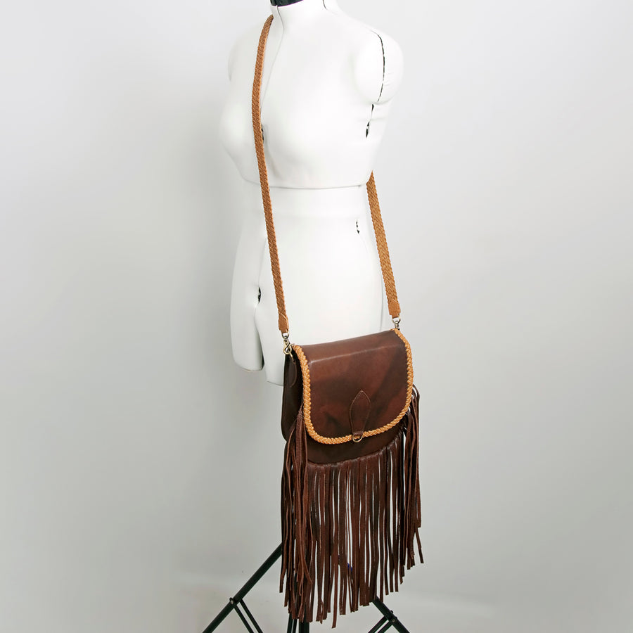 American Darling Cross body Bag, Genuine Hair-On Cowhide & Leather with Fringes and Braided Detail, 9in (H) X 9in (W) X 2in (D)