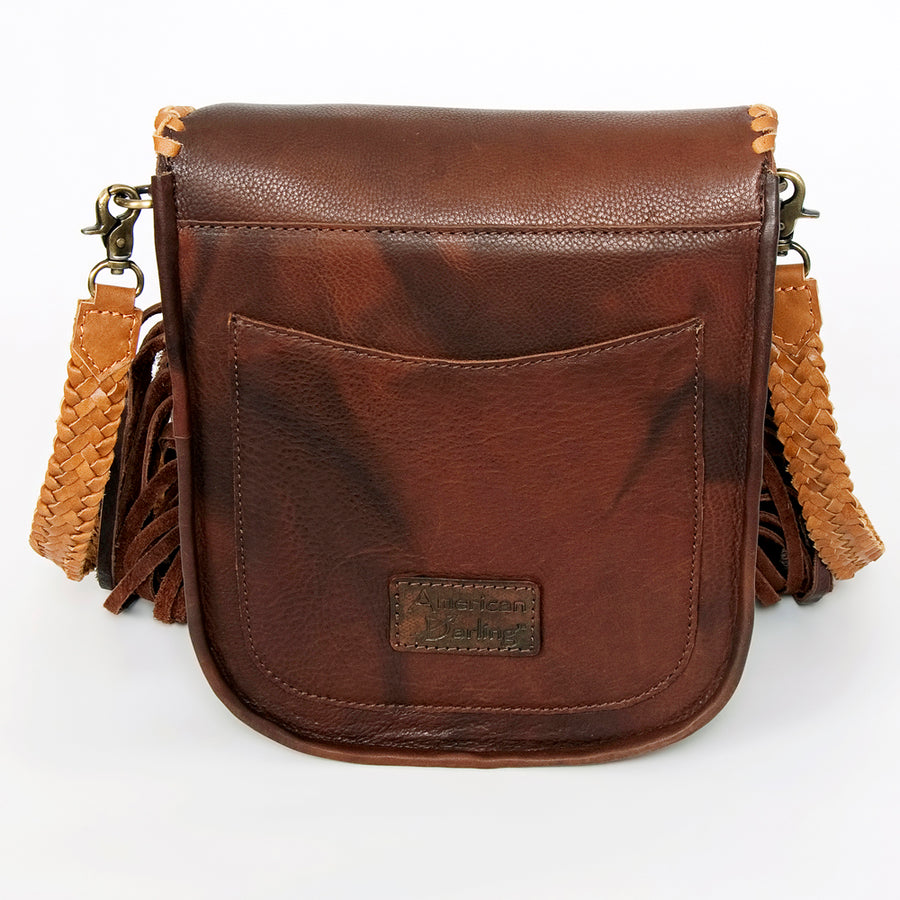 American Darling Cross body Bag, Genuine Hair-On Cowhide & Leather with Fringes and Braided Detail, 9in (H) X 9in (W) X 2in (D)