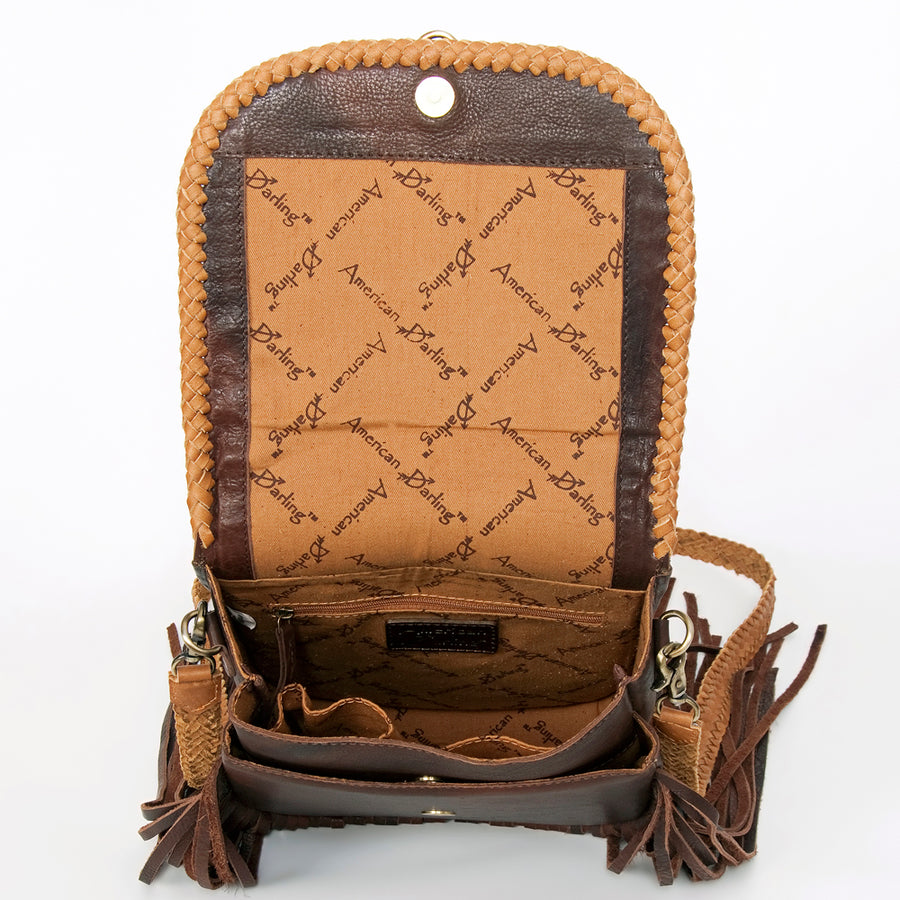 American Darling Cross body Bag, Genuine Hair-On Cowhide & Leather with Fringes and Braided Detail, 9in (H) X 9in (W) X 2in (D)