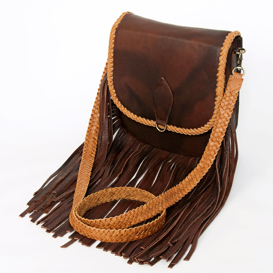 American Darling Handcrafted Leather Cross body Bag with Long Fringes and Braided Trim - Uhorse