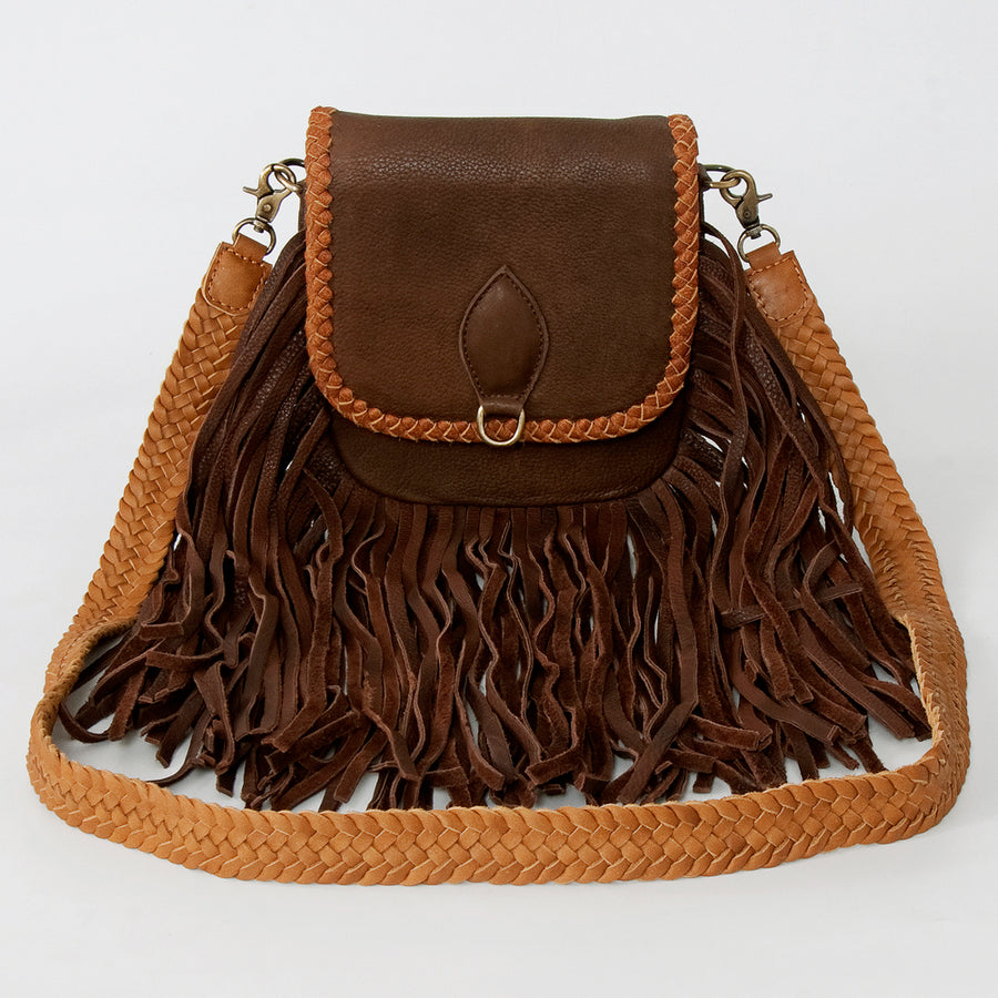 American Darling Cross body Bag, Genuine Hair-On Cowhide & Leather with Fringes and Braided Detail, 9in (H) X 9in (W) X 2in (D)