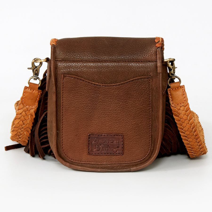 American Darling Cross body Bag, Genuine Hair-On Cowhide & Leather with Fringes and Braided Detail, 9in (H) X 9in (W) X 2in (D)