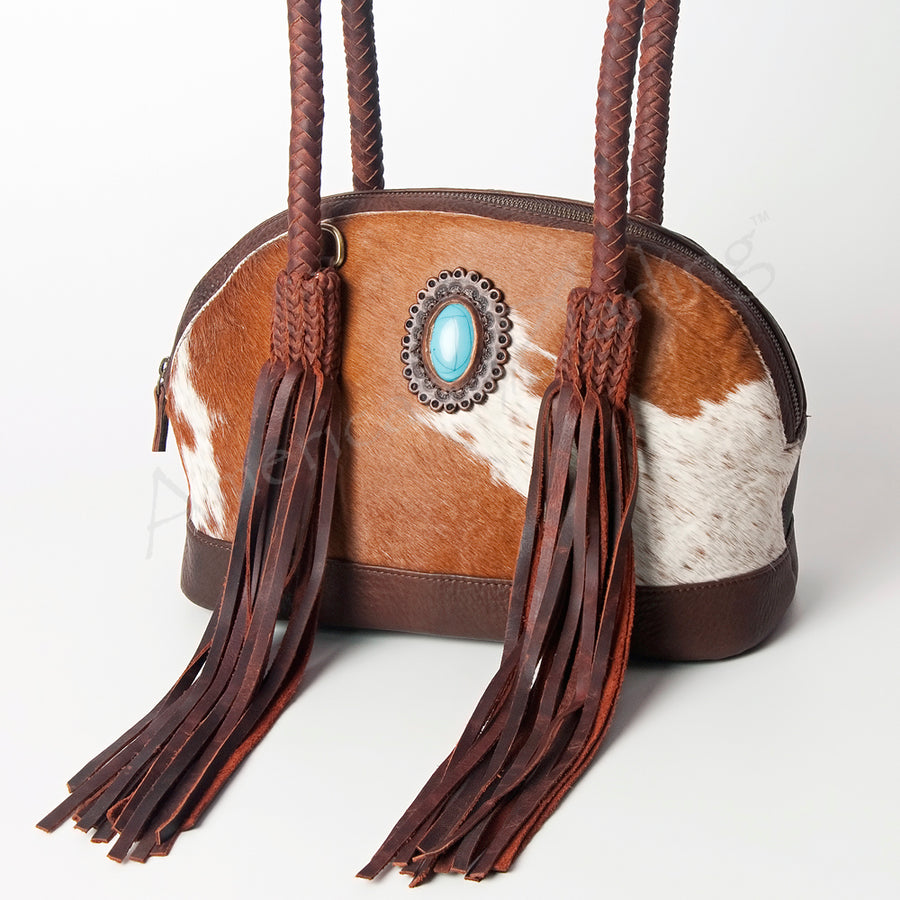 Brown leather and cream hair-on-hide shoulder bag with fringe and turquoise stone detail - Uhorse