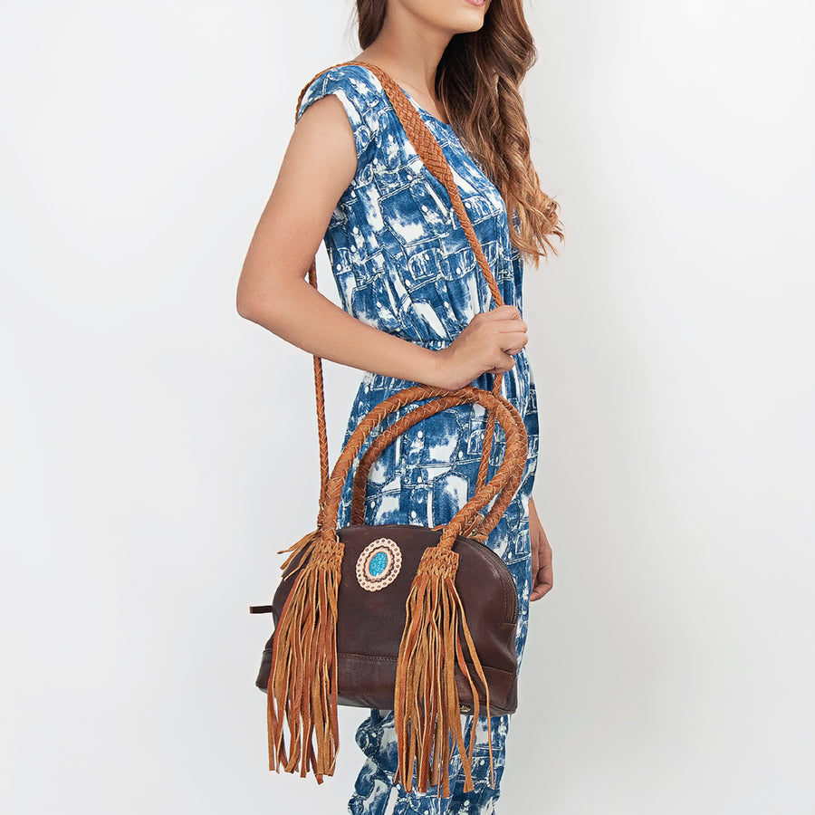 American Darling Tote Bag, Genuine Hair-On Cowhide & Leather Western Purse with Turquoise Stone & Braided Handles