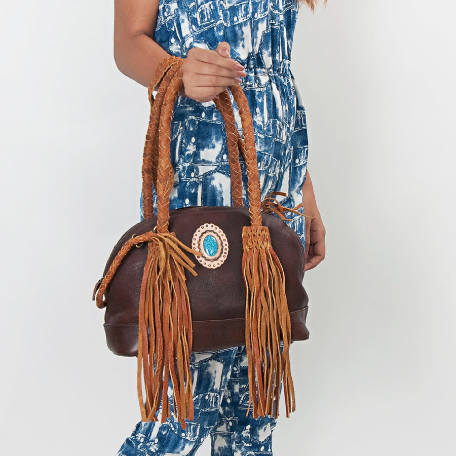 American Darling Tote Bag, Genuine Hair-On Cowhide & Leather Western Purse with Turquoise Stone & Braided Handles