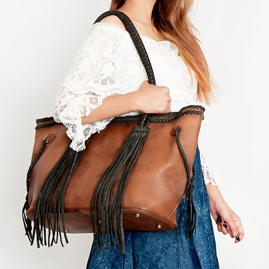 American Darling Tote Bag, Handcrafted Genuine Vegetable-Tanned Leather Western Purse with Braided Handles & Fringes