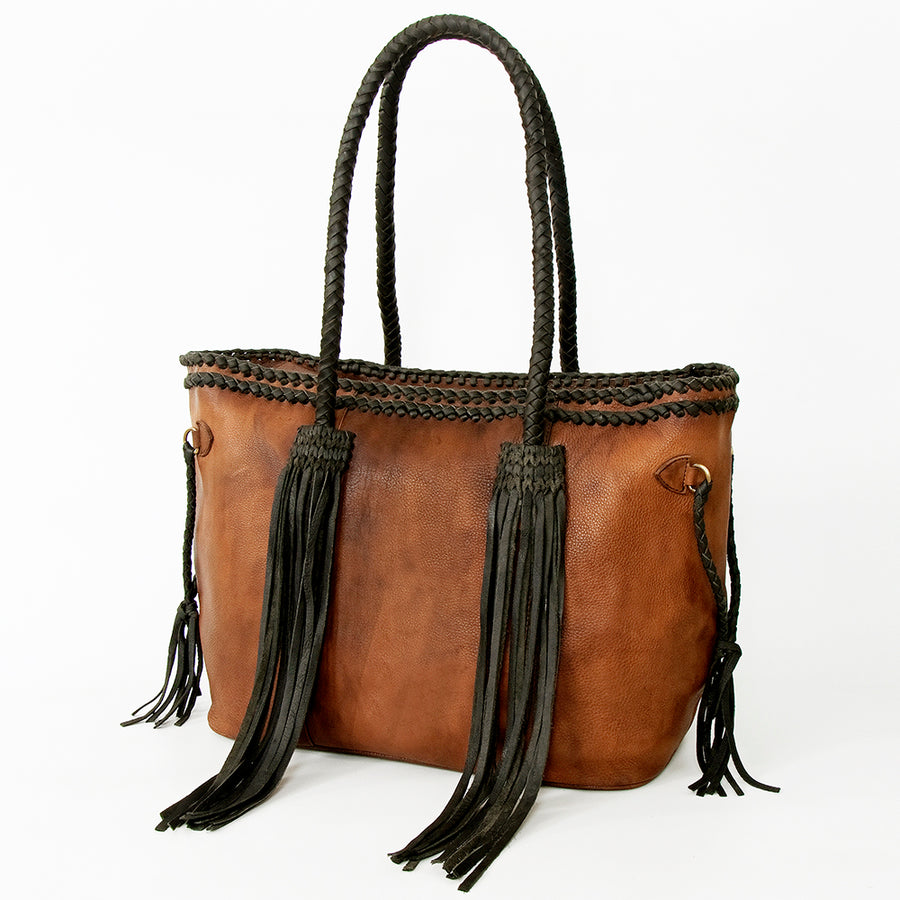 American Darling Handcrafted Leather Tote Bag with Braided Handles and Fringes - Uhorse