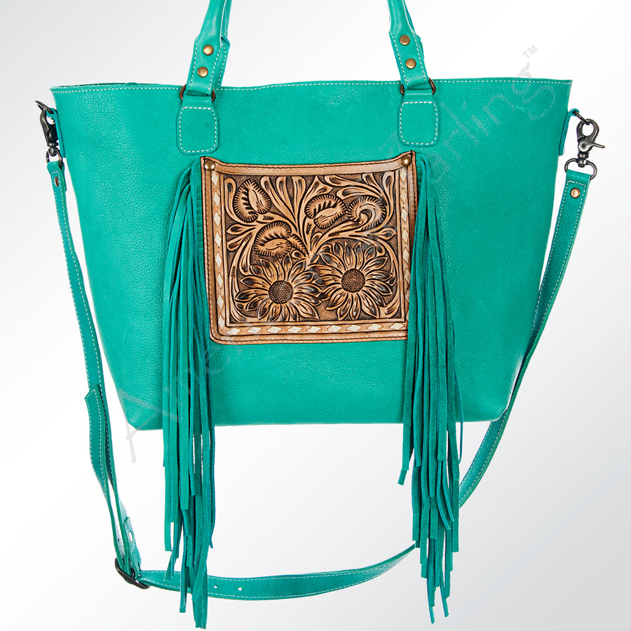 American Darling Tote Bag Hand Tooled Floral Carved Genuine Leather Western Purse with Fringes & YKK Zipper