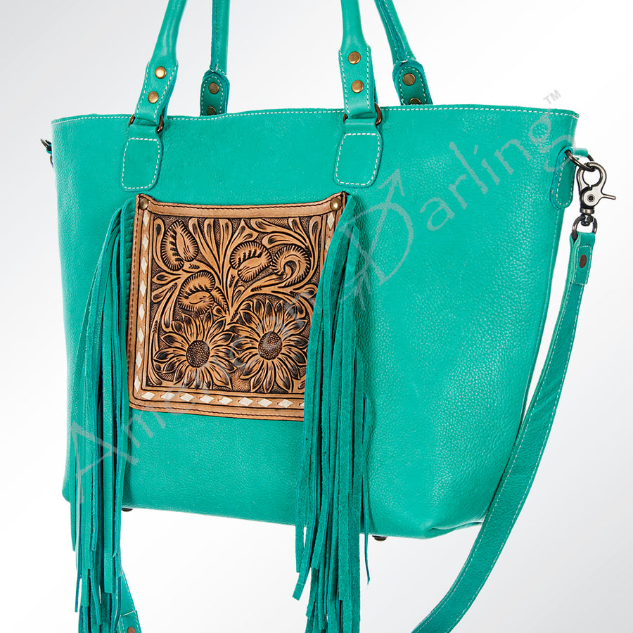 American Darling Hand Tooled Floral Western Leather Tote Bag with Fringes - Uhorse