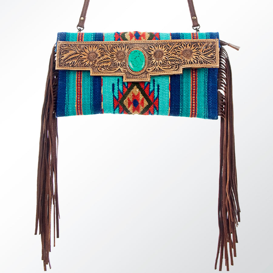 American Darling Small Cross body Bag Hand Tooled Floral Carved Saddle Blanket Genuine Leather Western Purse with Fringes