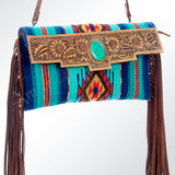 Leather and wool shoulder bag with geometric pattern and fringe - Uhorse