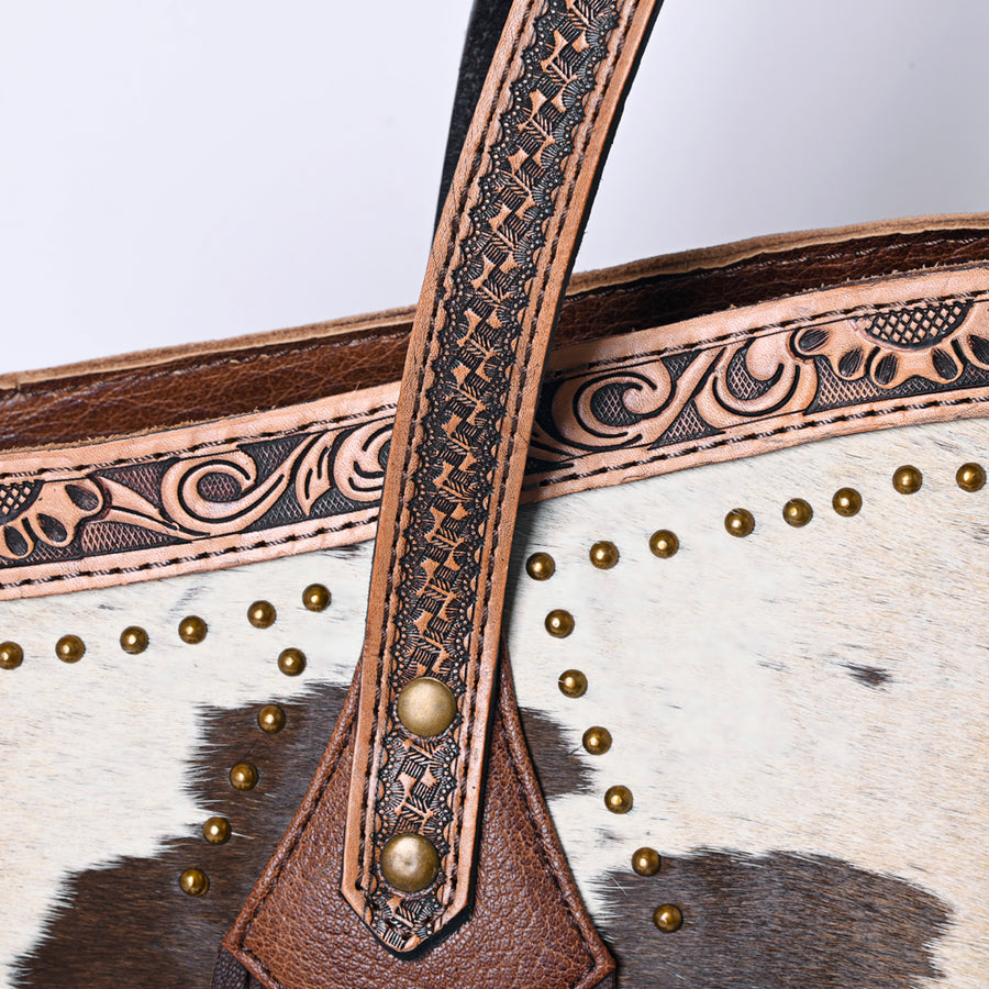 American Darling Tote Bag, Hair-On Cowhide Western Leather Purse with Fringes, Handcrafted, 13in (H) X 19.5in (W) X 7in (D)