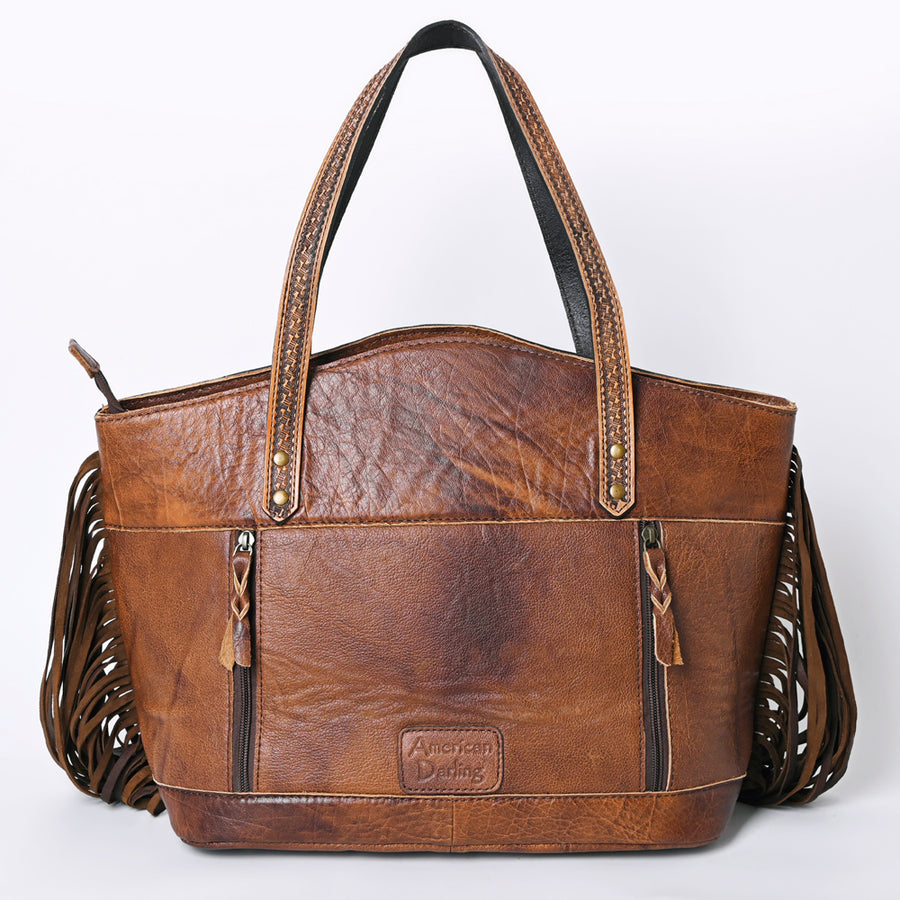 American Darling Tote Bag, Hair-On Cowhide Western Leather Purse with Fringes, Handcrafted, 13in (H) X 19.5in (W) X 7in (D)