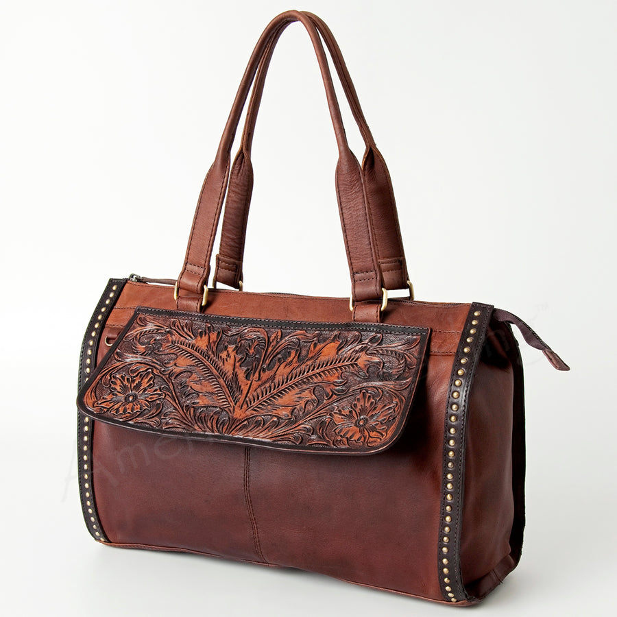 Brown leather and white cowhide tote bag with tooled flap - Uhorse