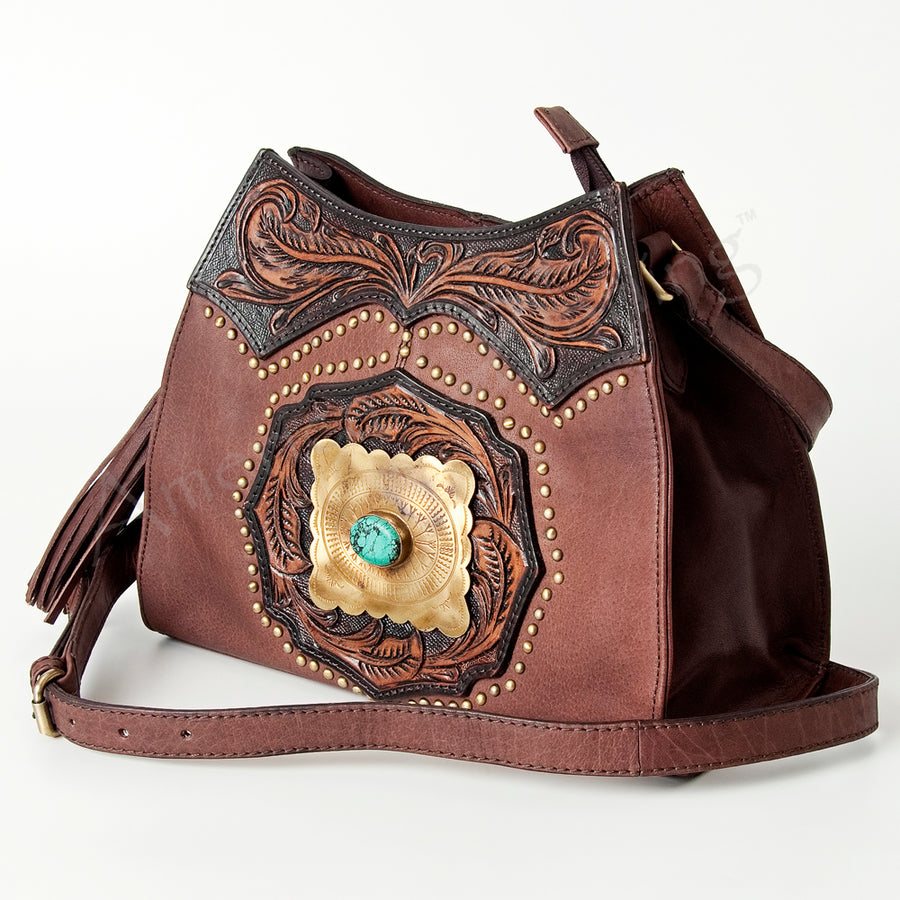 American Darling Western Hand-Tooled Hobo Bag - Turquoise and Cowhide Leather Purse - Uhorse