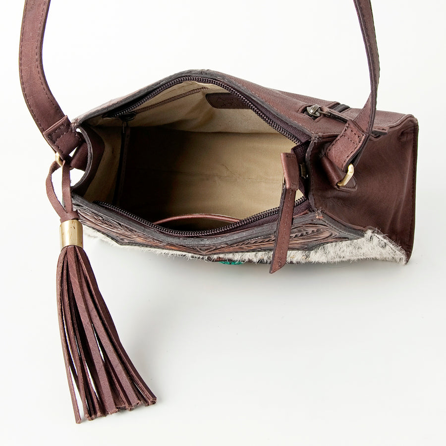 American Darling Hobo Bag, Hand-Tooled Leather Western Purse with Turquoise Stone & Tassels, 8in (H) X 10.75in (W) X 4in (D)