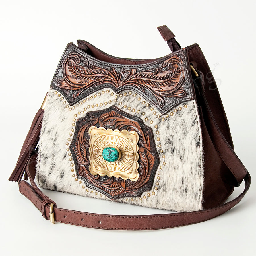 American Darling Hobo Bag, Hand-Tooled Leather Western Purse with Turquoise Stone & Tassels, 8in (H) X 10.75in (W) X 4in (D)