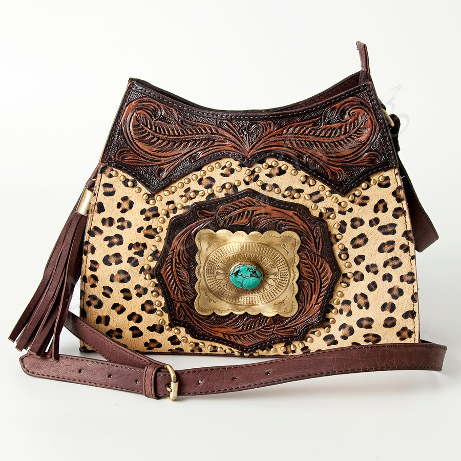 American Darling Hobo Bag, Hand-Tooled Leather Western Purse with Turquoise Stone & Tassels, 8in (H) X 10.75in (W) X 4in (D)