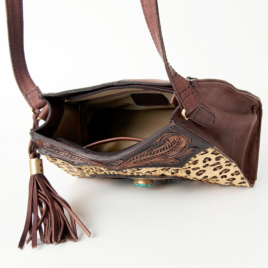 American Darling Hobo Bag, Hand-Tooled Leather Western Purse with Turquoise Stone & Tassels, 8in (H) X 10.75in (W) X 4in (D)