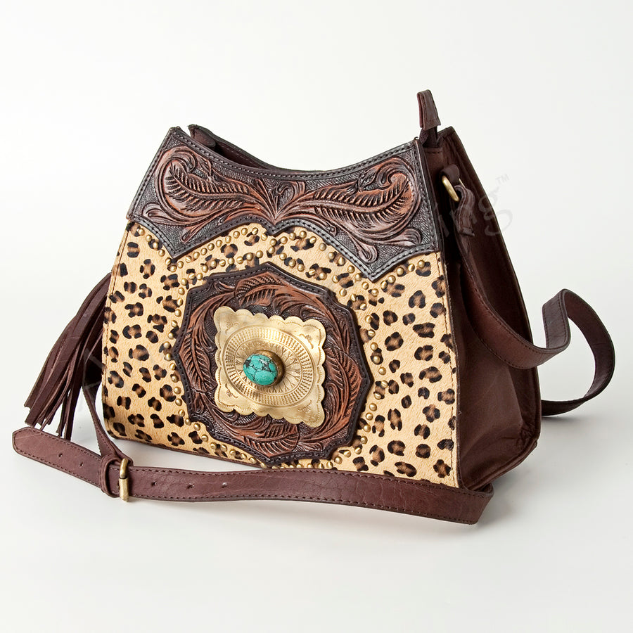 American Darling Western Hand-Tooled Hobo Bag - Turquoise and Cowhide Leather Purse - Uhorse
