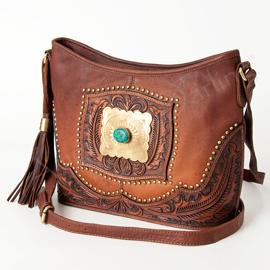 American Darling Western Hand-Tooled Messenger Bag with Turquoise and Cowhide - Uhorse