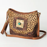American Darling Messenger Bag, Hand-Tooled Leather Western Purse with Turquoise Stone & Tassels, 8.5in (H) X 15in (W) X 6in (D) - Cheetah Brown