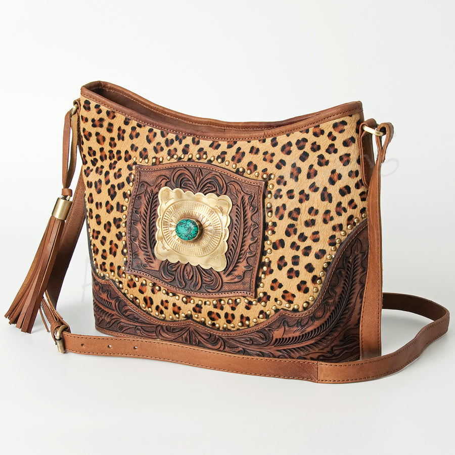 American Darling Western Hand-Tooled Messenger Bag with Turquoise and Cowhide - Uhorse