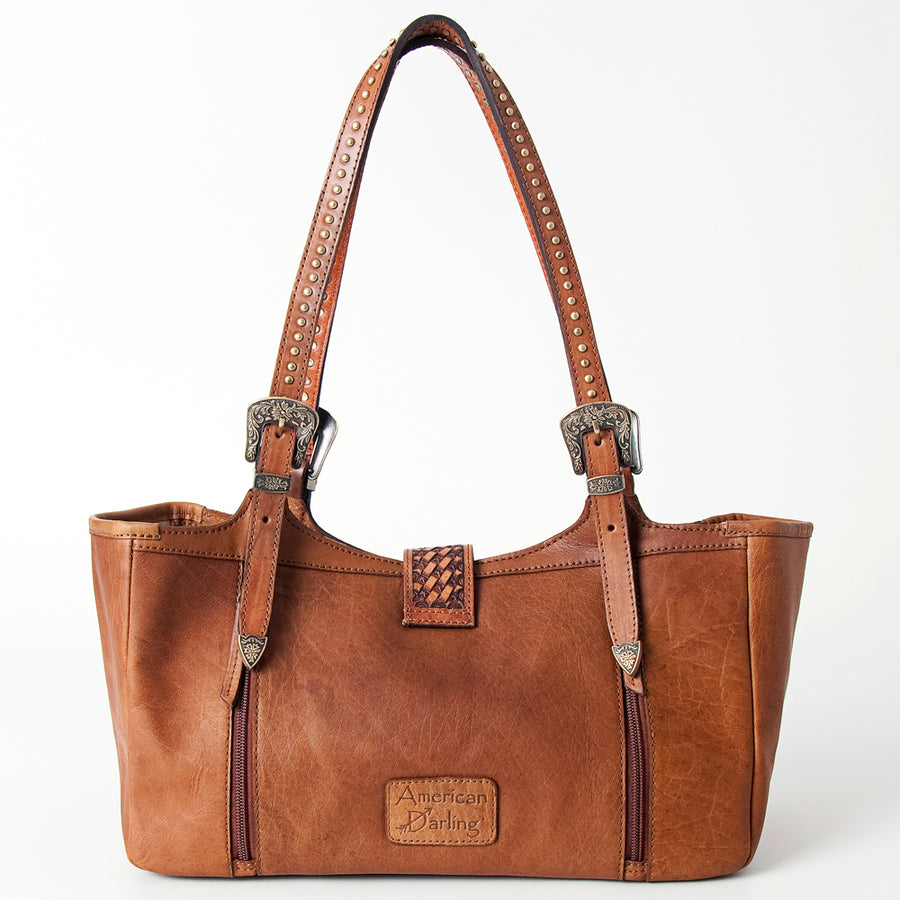 American Darling Tote Bag, Hand-Tooled Floral Western Leather Purse, Hair-On Cowhide, Concho, 7.75in (H) X 13.75in (W) X 6in (D)