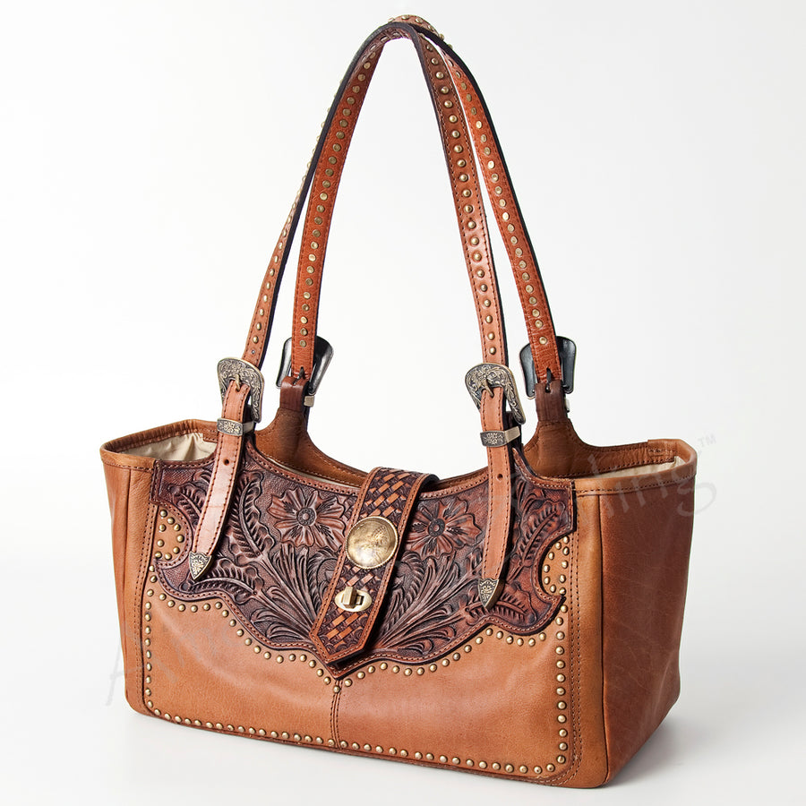 American Darling Western Hand-Tooled Floral Tote Bag - Cowhide and Concho Leather Purse - Uhorse