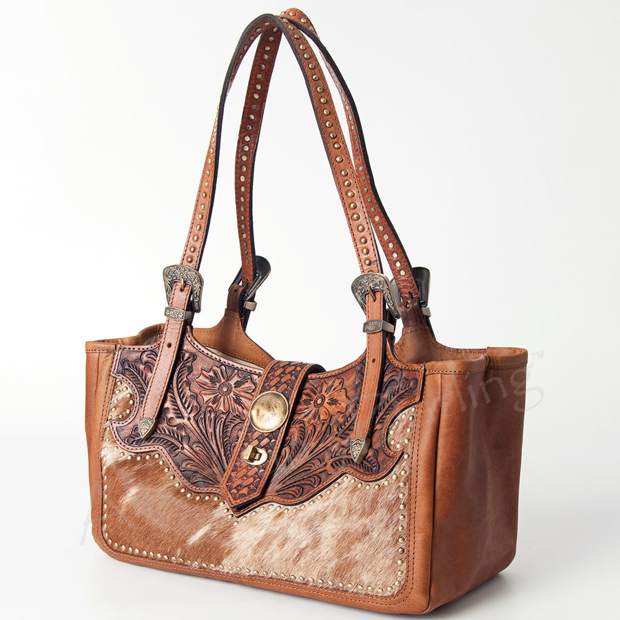 American Darling Tote Bag, Hand-Tooled Floral Western Leather Purse, Hair-On Cowhide, Concho, 7.75in (H) X 13.75in (W) X 6in (D)
