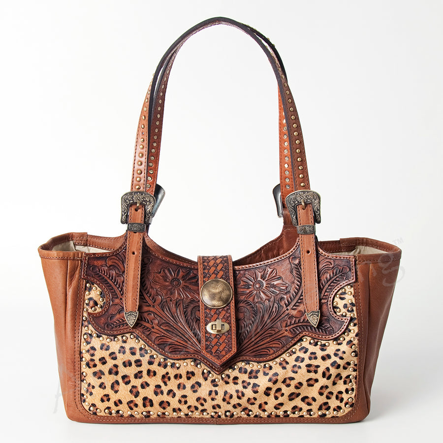 American Darling Tote Bag, Hand-Tooled Floral Western Leather Purse, Hair-On Cowhide, Concho, 7.75in (H) X 13.75in (W) X 6in (D)