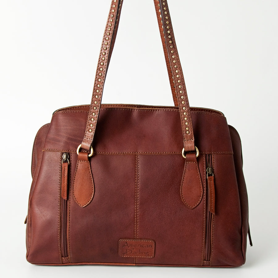 American Darling Tote Bag, Hand-Tooled Floral Western Leather Purse, Hair-On Cowhide, Concho, 11.5in (H) X 14in (W) X 5in (D)